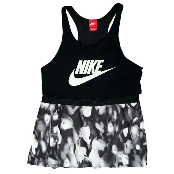 Nike Tops - Nike Y2K Black Layered Mesh Detail Racerback Sport Tank Top White Swoosh Size M